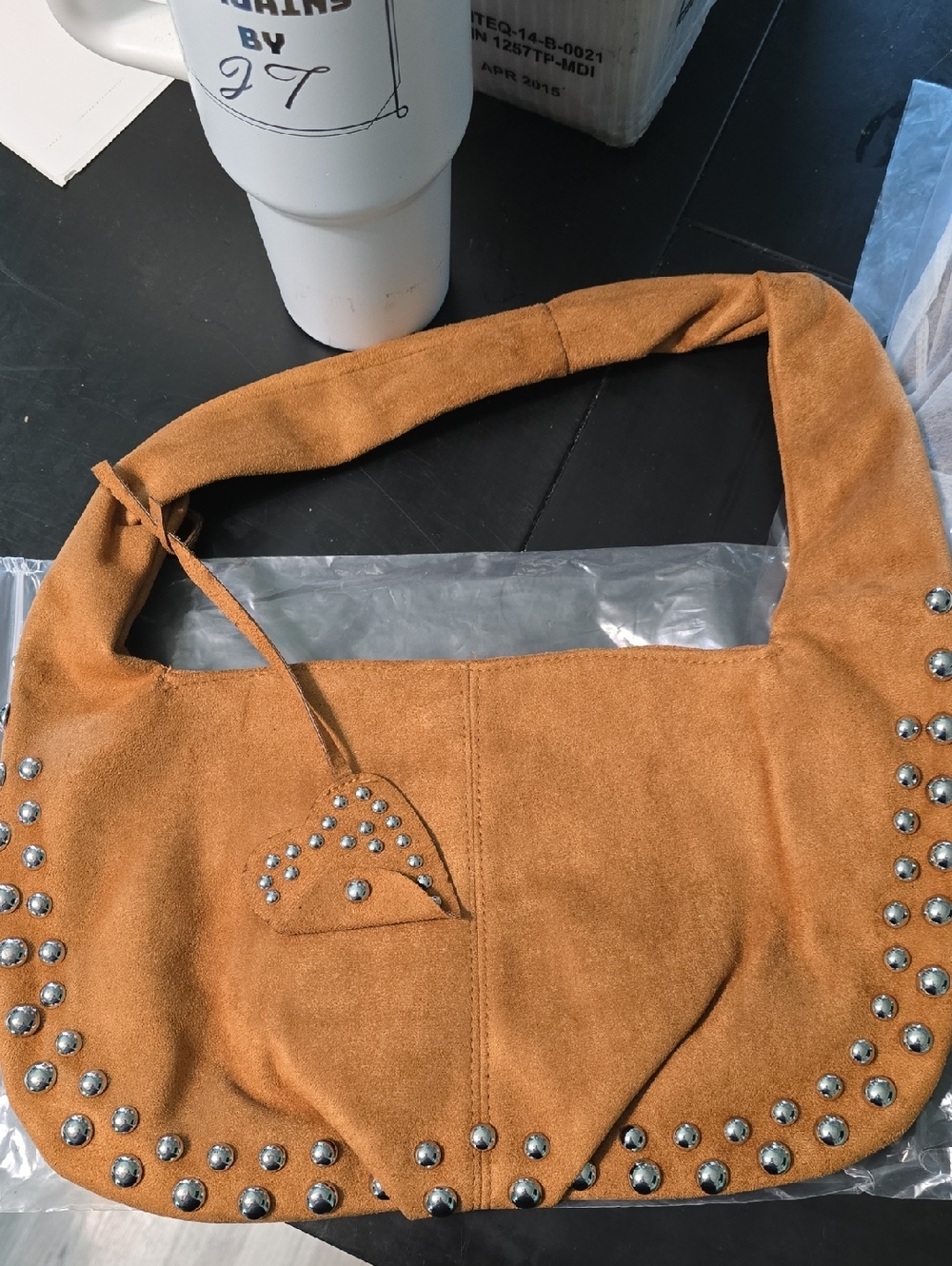 Zenana-Suede Studded Hobo Bag - Camel